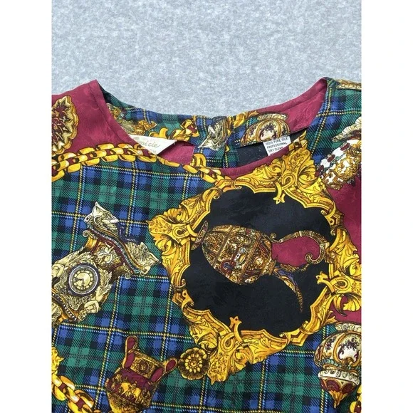 Vintage Bells Camice‎ Womens Blouse Large 12 Silk Baroque Chain Plaid 90s Preppy - Picture 3 of 13